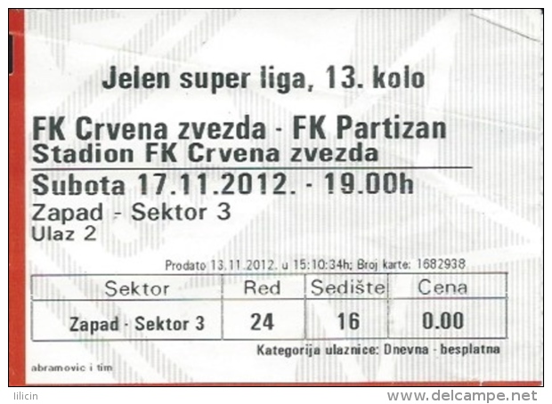 Sport Match Ticket UL000355 - Football (Soccer): Crvena Zvezda (Red Star) Belgrade Vs Partizan: 2012-11-17 - Match Tickets