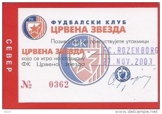 Sport Match Ticket UL000357 - Football (Soccer): Crvena Zvezda (Red Star) Belgrade Vs Rosenborg: 2003-11-27 - Tickets & Toegangskaarten