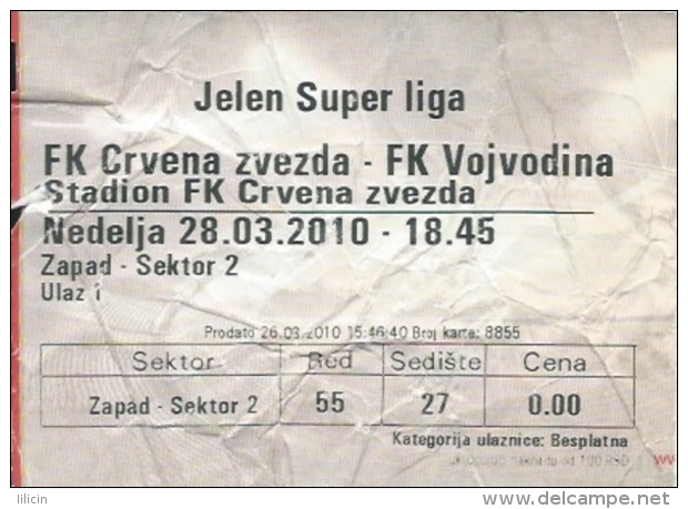 Sport Match Ticket UL000362 - Football (Soccer): Crvena Zvezda (Red Star) Belgrade Vs Vojvodina: 2010-03-28 - Tickets & Toegangskaarten