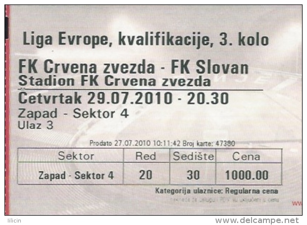 Sport Match Ticket UL000363 - Football (Soccer): Crvena Zvezda (Red Star) Belgrade Vs Slovan: 2010-07-29 - Match Tickets