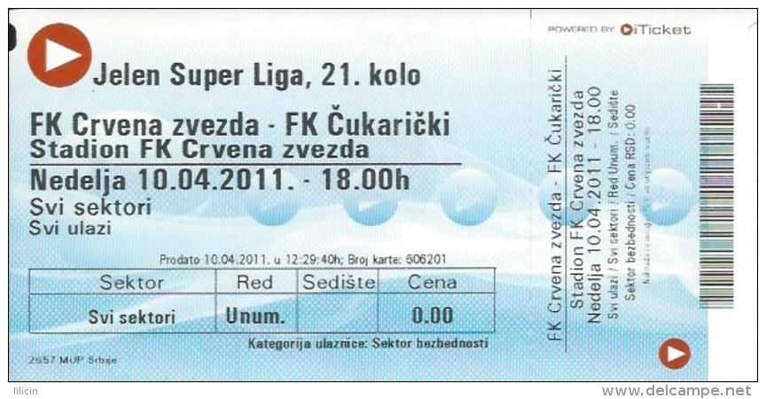 Sport Match Ticket UL000364 - Football (Soccer): Crvena Zvezda (Red Star) Belgrade Vs Cukaricki: 2011-04-10 - Tickets & Toegangskaarten