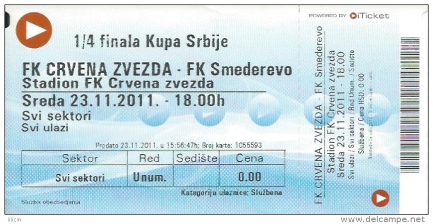 Sport Match Ticket UL000365 - Football (Soccer): Crvena Zvezda (Red Star) Belgrade Vs Smederevo: 2011-11-23 - Tickets D'entrée