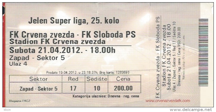 Sport Match Ticket UL000369 - Football (Soccer): Crvena Zvezda (Red Star) Belgrade Vs Sloboda: 2012-04-21 - Eintrittskarten