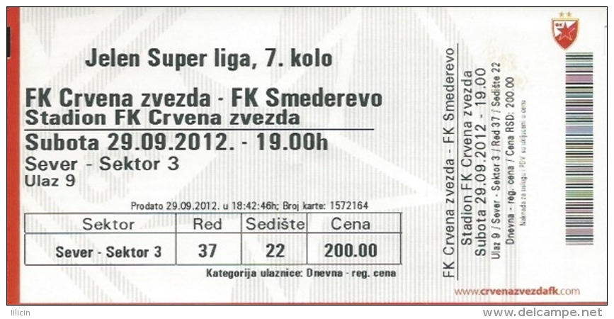 Sport Match Ticket UL000371 - Football (Soccer): Crvena Zvezda (Red Star) Belgrade Vs Smederevo: 2012-09-29 - Tickets & Toegangskaarten