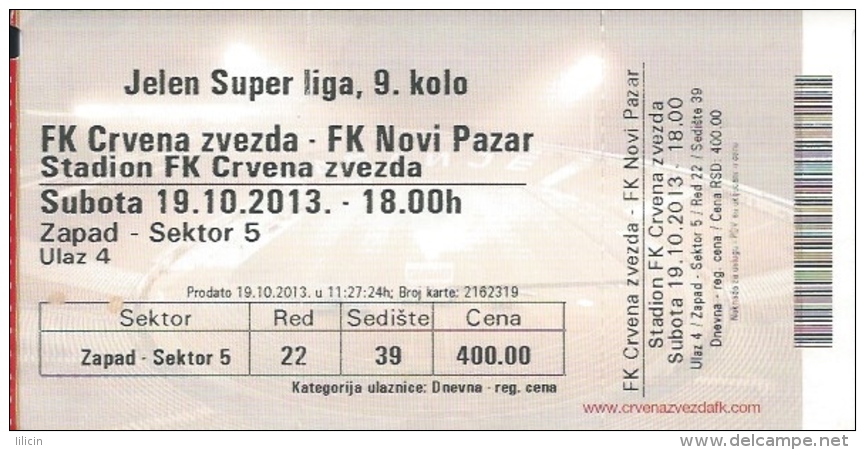 Sport Match Ticket UL000374 - Football (Soccer): Crvena Zvezda (Red Star) Belgrade Vs Novi Pazar: 2013-10-19 - Eintrittskarten