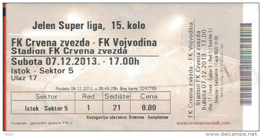 Sport Match Ticket UL000376 - Football (Soccer): Crvena Zvezda (Red Star) Belgrade Vs Vojvodina: 2013-12-07 - Tickets D'entrée