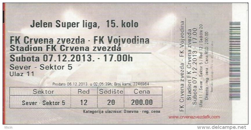 Sport Match Ticket UL000377 - Football (Soccer): Crvena Zvezda (Red Star) Belgrade Vs Vojvodina: 2013-12-07 - Tickets D'entrée