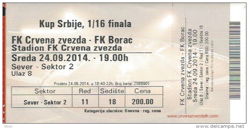 Sport Match Ticket UL000380 - Football (Soccer): Crvena Zvezda (Red Star) Belgrade Vs Borac: 2014-09-24 - Tickets & Toegangskaarten