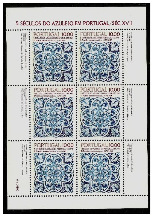 PORTUGAL 1982 - 500th Anniv AZULEJOS Tiles TUILES VIII / Azulejos 1670-1690 - Sheet 6x Mi 1582 MNH ** Cv€6,00 B470-sheet - Neufs