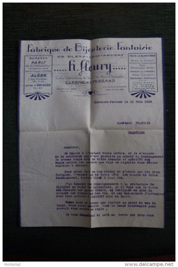 Enveloppe Publicitaire Timbrée Et Lettre,CLERMONT FERRAND, Fabrique De Bijouterie FLEURY, 4 Rue Port Notre Dame - Storia Postale