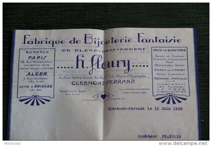 Enveloppe Publicitaire Timbrée Et Lettre,CLERMONT FERRAND, Fabrique De Bijouterie FLEURY, 4 Rue Port Notre Dame - Storia Postale