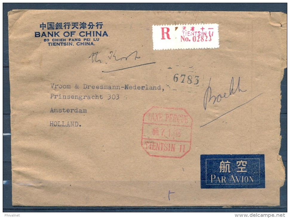 1966 , CHINA / CHINE , SOBRE CERTIFICADO CIRCULADO ENTRE TIENTSIN Y AMSTERDAM , BANK OF CHINA , CORREO AÉREO - Storia Postale