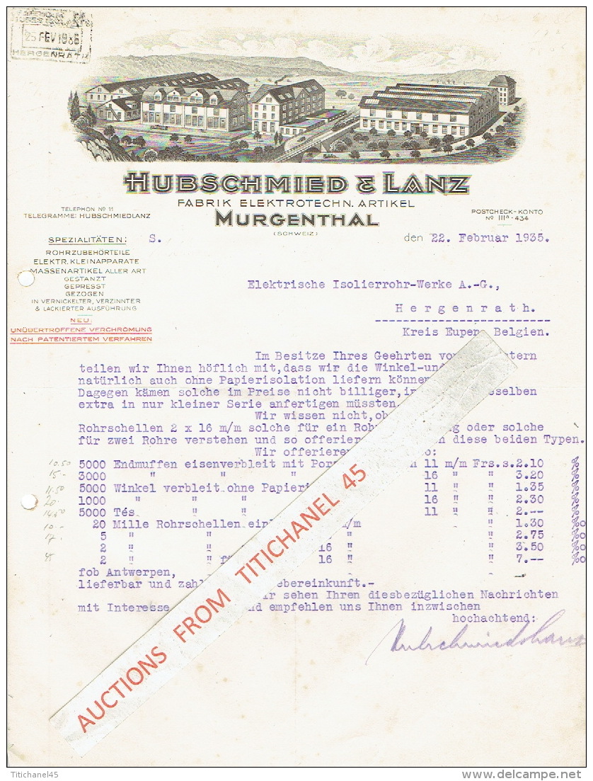 Lettre Illustrée 1935 MURGENTHAL - HUBSCHMIED &amp; LANZ - Fabrik Elektrotechn. Artikel - Suiza