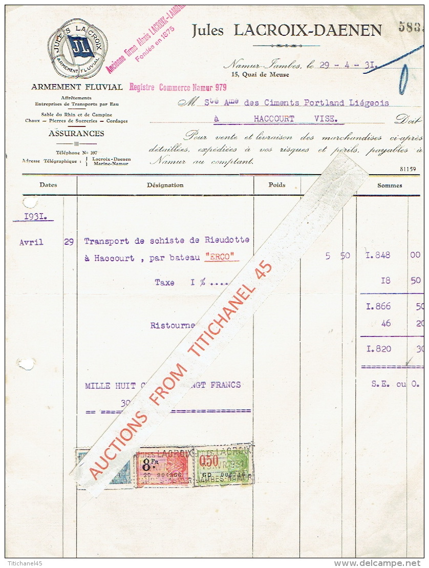 NAMUR 1931 - JULES LACROIX-DAENEN - Armement Fluvial - Andere & Zonder Classificatie