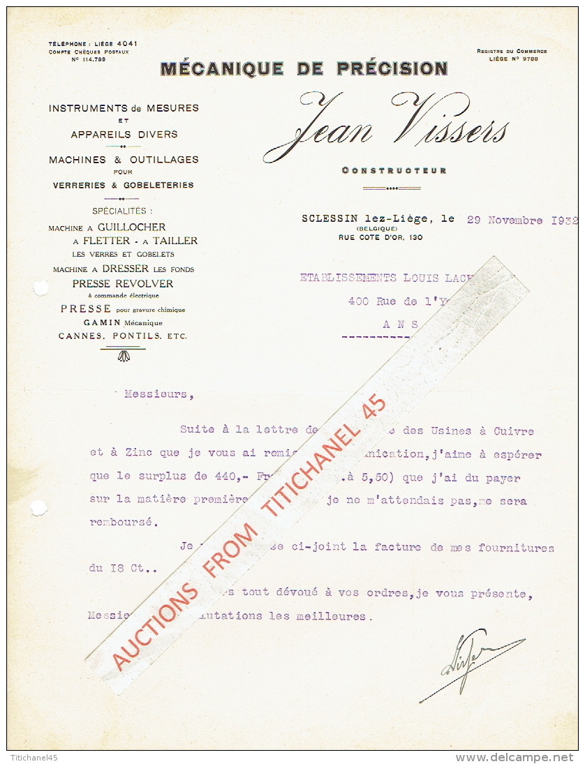 SCLESSIN 1932 - JEAN VISSERS - Mécanique De Précision, Instruments De Mesures, Machines &amp; Outillages Pour Verreries - Autres & Non Classés