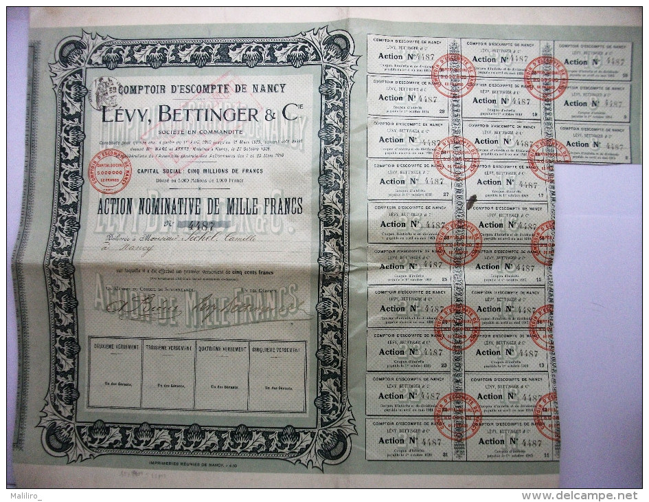 1910  Action Nominative Comptoir D´escompte De Nancy Lévy, Bettinger & Cie - Banque & Assurance