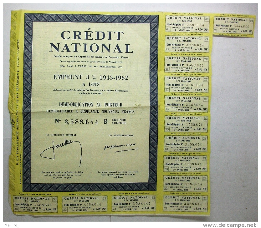 1962 Crédit National Emprunt 3% - Demi-obligation Au Porteur De Cinquante Nouveaux Francs - Banque & Assurance