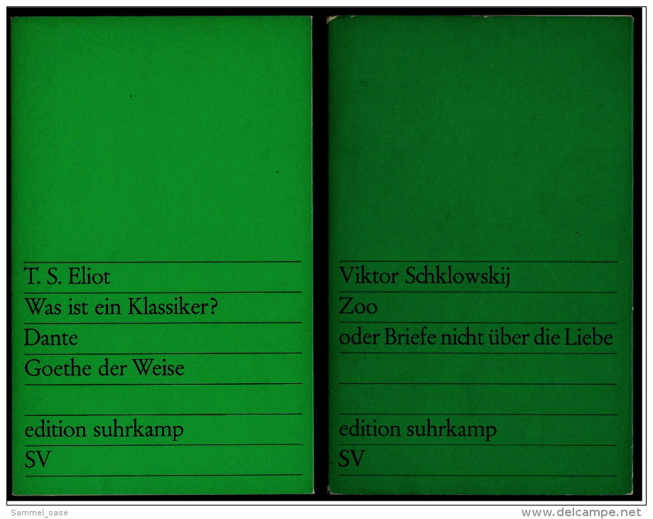 2 X Suhrkamp Bücher : T.S. Eliot : Was Ist Ein Klassiker?  -  Viktor Schklowskij : Zoo Oder Briefe Nicht über Die Liebe - German Authors