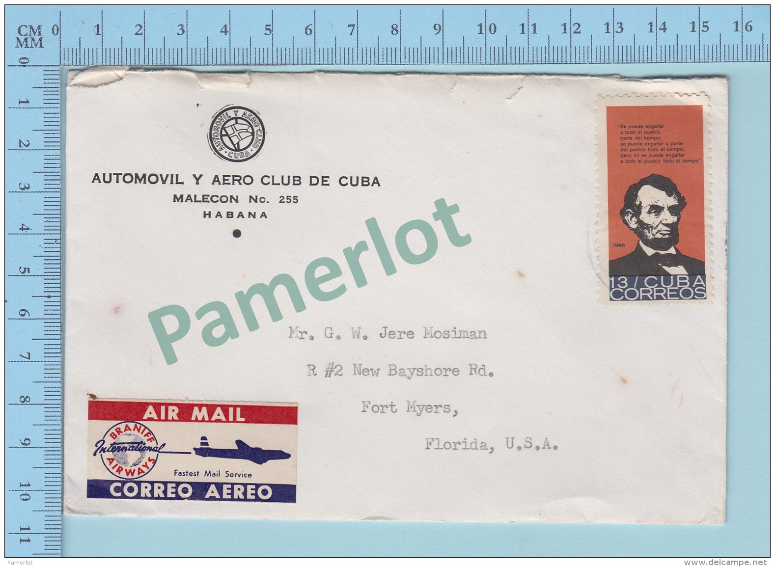 Cuba Correos 13 &cent; -  Commercial Automovil Y Aero Club De Cuba -&gt; Florida USA By Braniff Airways - Poste Aérienne