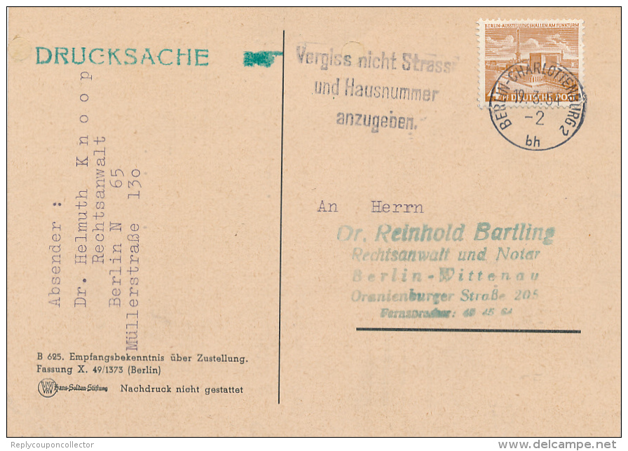 BERLIN-CHARLOTTENBURG - 1954 , Vergiss Nicht Strasse Und Hausnummer Anzugeben. - Briefe U. Dokumente