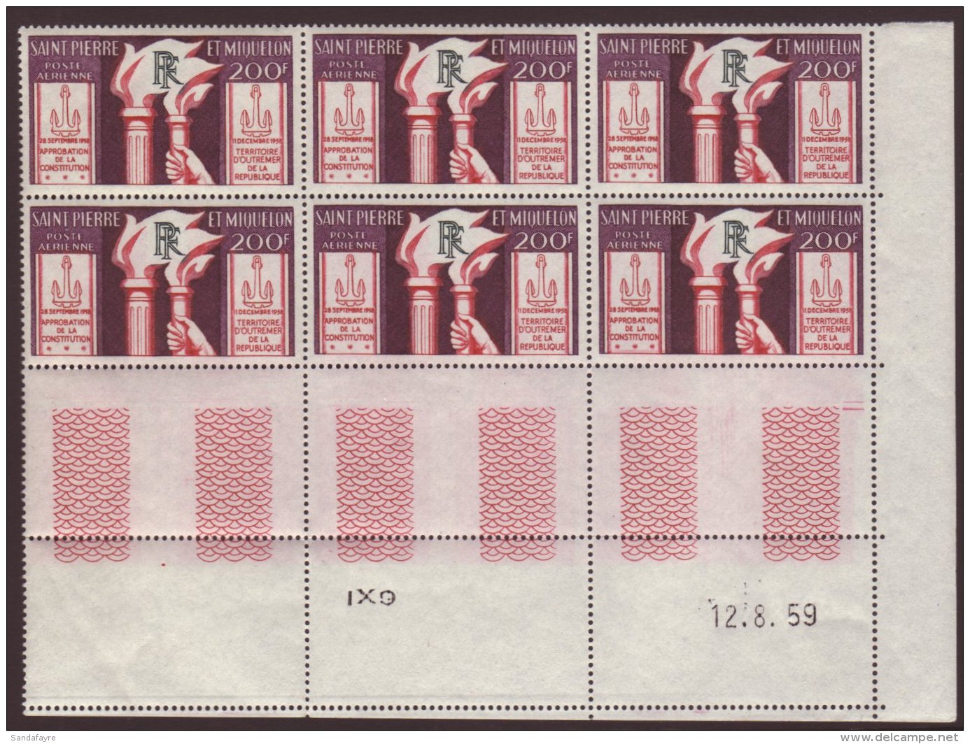 SPM 1959 AIR 200f, Yvert 26, Corner Date Block Of 6 NHM. For More Images, Please Visit... - Altri & Non Classificati