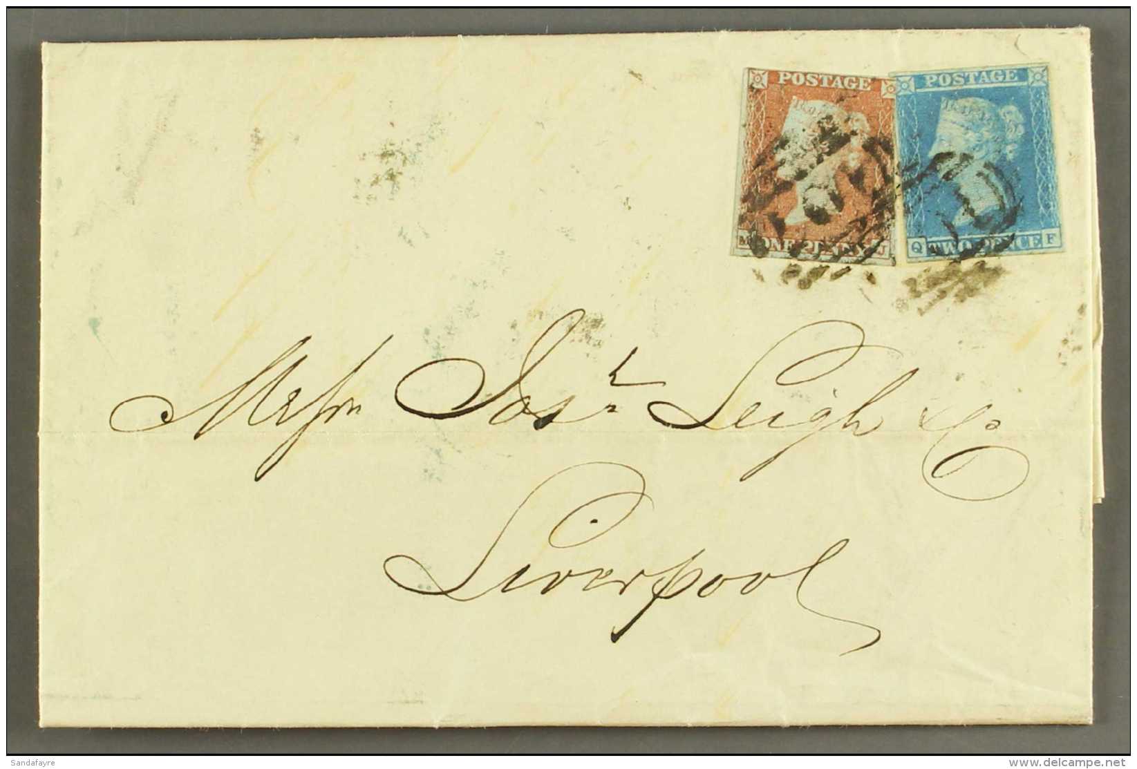 1841 MIXED FRANKING. 1850 (26 Jul) EL From Bradford To Liverpool Bearing The 1841 1d Red (3 Margins) &amp; 2d Blue... - Altri & Non Classificati