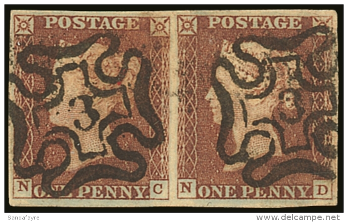 1841 1d Red-brown Horizontal Pair, SG.8m, Superb Used With A Crisp "3" In Maltese Cross Cancel On Each Stamp.... - Altri & Non Classificati