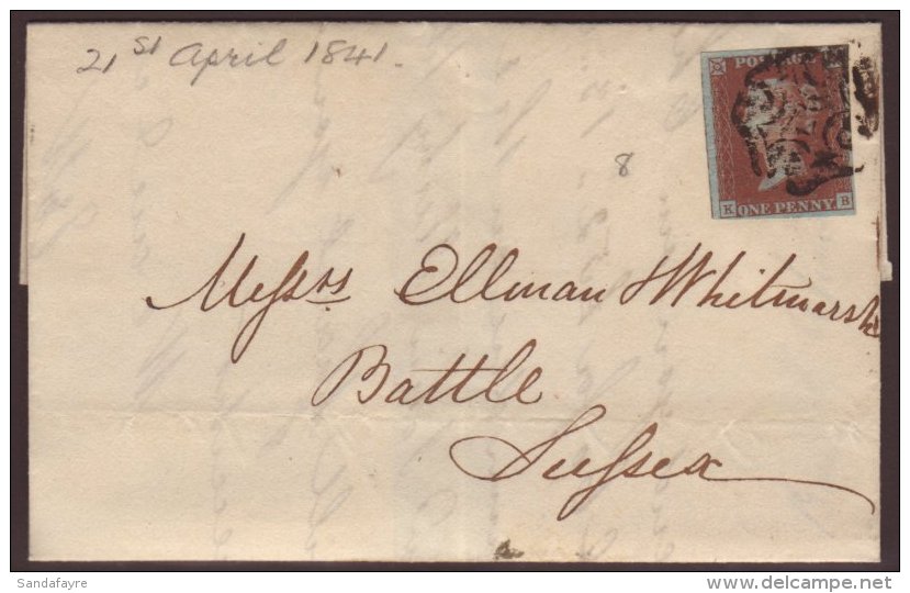 1841 (21 Apr) EL Sent Within Battle, Sussex Bearing An 1841 1d Red- Brown 'KB' From 'black' PLATE 8 (SG 7), With 4... - Altri & Non Classificati