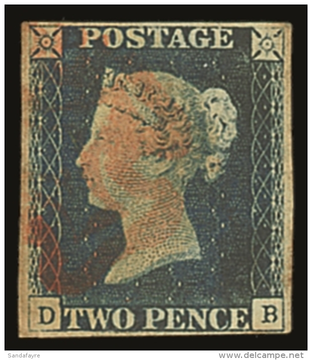 1840 2d Blue, Plate 1, Lettered "DB", SG 5, Good Used With Four Neat Margins And Light Red MX Cancel, Light Crease... - Altri & Non Classificati