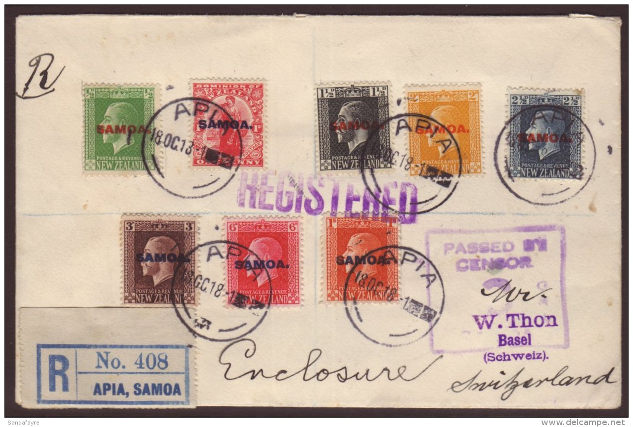 1918 (18th October)REGISTERED CENSOR COVER To Basel Switzerland. Bearing Eight KGV New Zealand Overprinted... - Samoa