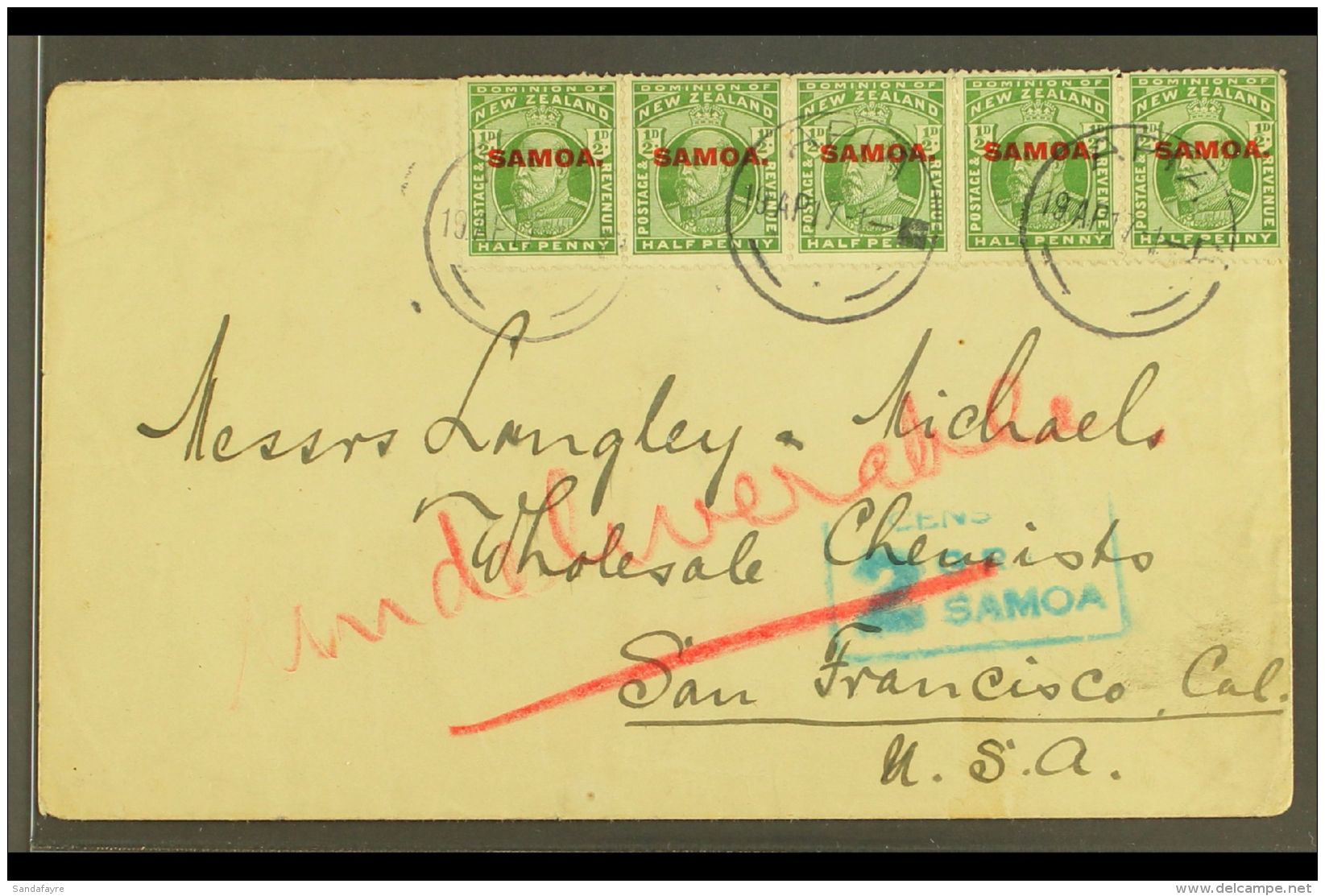 1917 Cover To USA Franked &frac12;d In A Strip Of 5, SG 115, Apia 19.4.17 Postmarks, Censor "2" Cachet Applied,... - Samoa