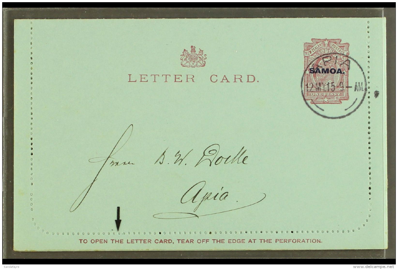 1915 LETTER CARD 1d Dull Claret On Blue, Inscription 94mm, H&amp;G 1a, Posted Locally, Apia 12.05.15, Clean &amp;... - Samoa