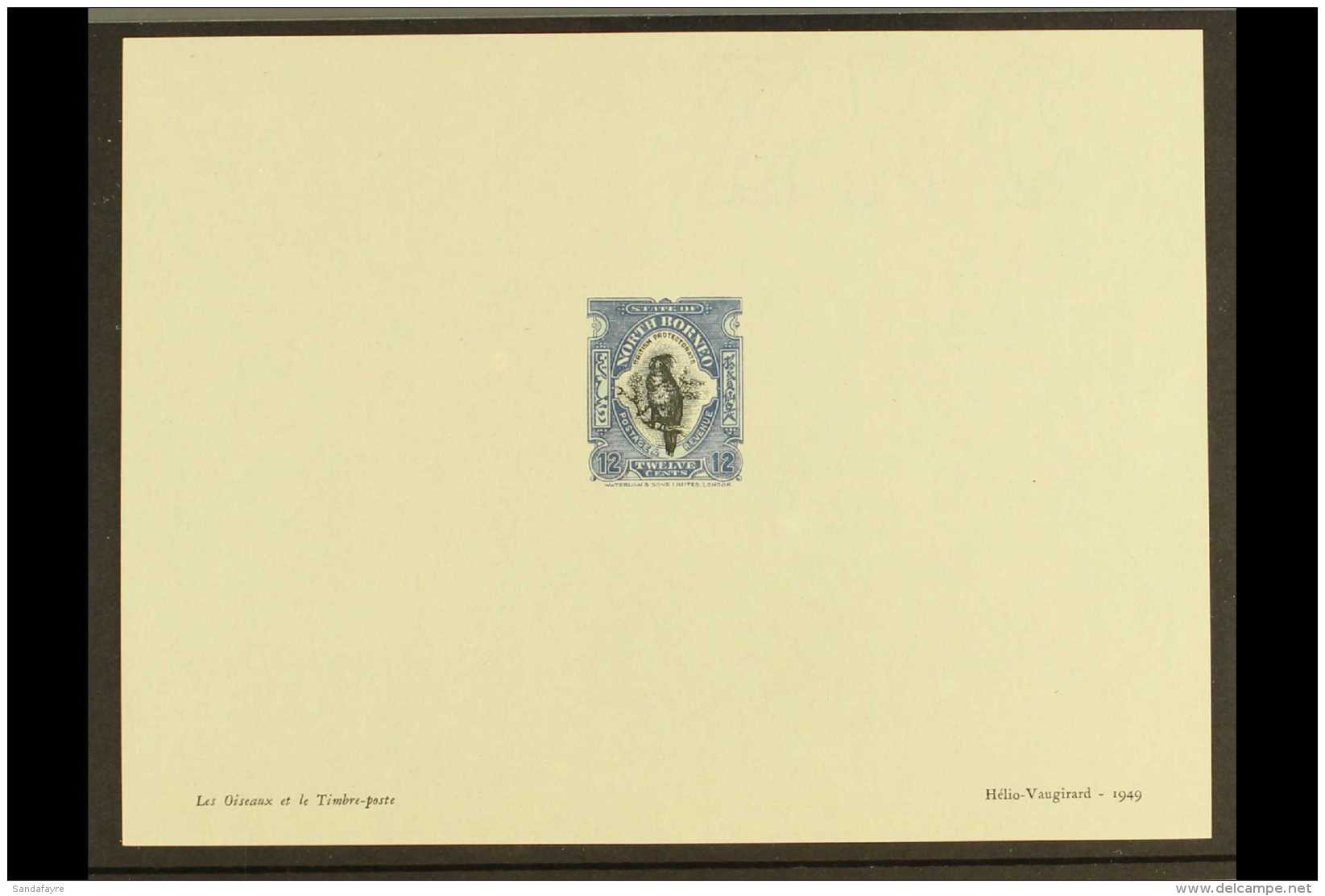 HELIO VAUGIRARD PROOF 1949 Helio-Vaugirard Sample Die Proof Of The 1909-23 12c Black And Deep Blue Palm Cockatoo... - Borneo Del Nord (...-1963)