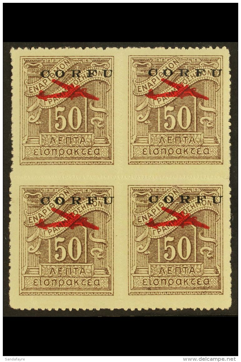 CORFU 1941 50L Brown Rouletted Air Overprint (Sassone 1, SG 21), Never Hinged Mint BLOCK Of 4, Fresh. (4 Stamps)... - Non Classificati