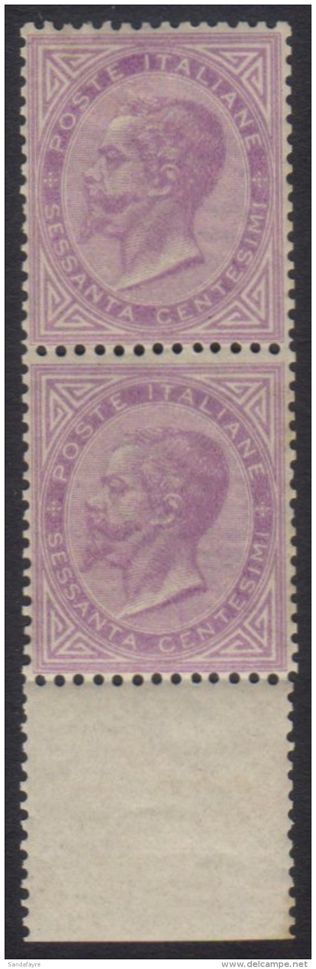 1863 60c Bright Lilac London Printing, Sass L21, Superb NHM Vertical Marginal Pair. Signed Diena. Cat &euro;1000... - Non Classificati