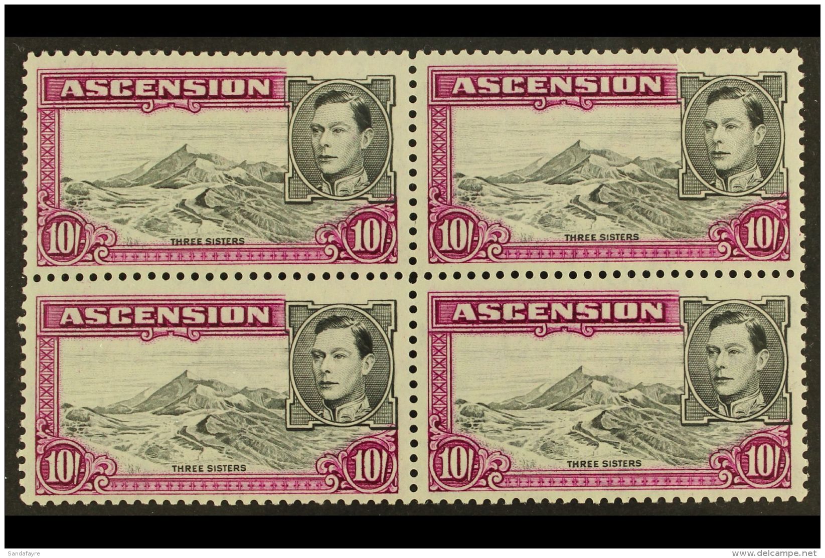 1944 KGVI 10s Black And Bright Purple, Perf 13, SG 45c, Block Of Four Never Hinged Mint, Upper Right Stamp With... - Ascensione