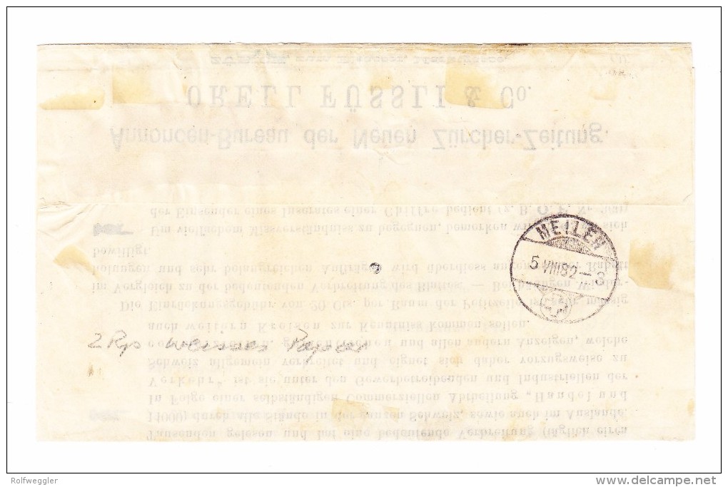 Schweiz WZ 4.8.1882 Zürich 2Rp Wertiffer (Weisses Papier) #53 Mit Stehende Helvetia #66A Auf NN-Streifband - Lettres & Documents