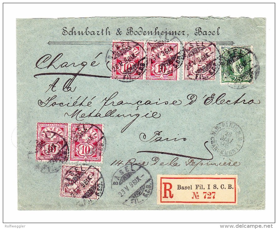 Schweiz Wertziffer 28.5.1896 Basel 5Rp(2) 10Rp (4) WZ Und 25Rp Stehende Auf R-Brief Nach Paris - Lettres & Documents