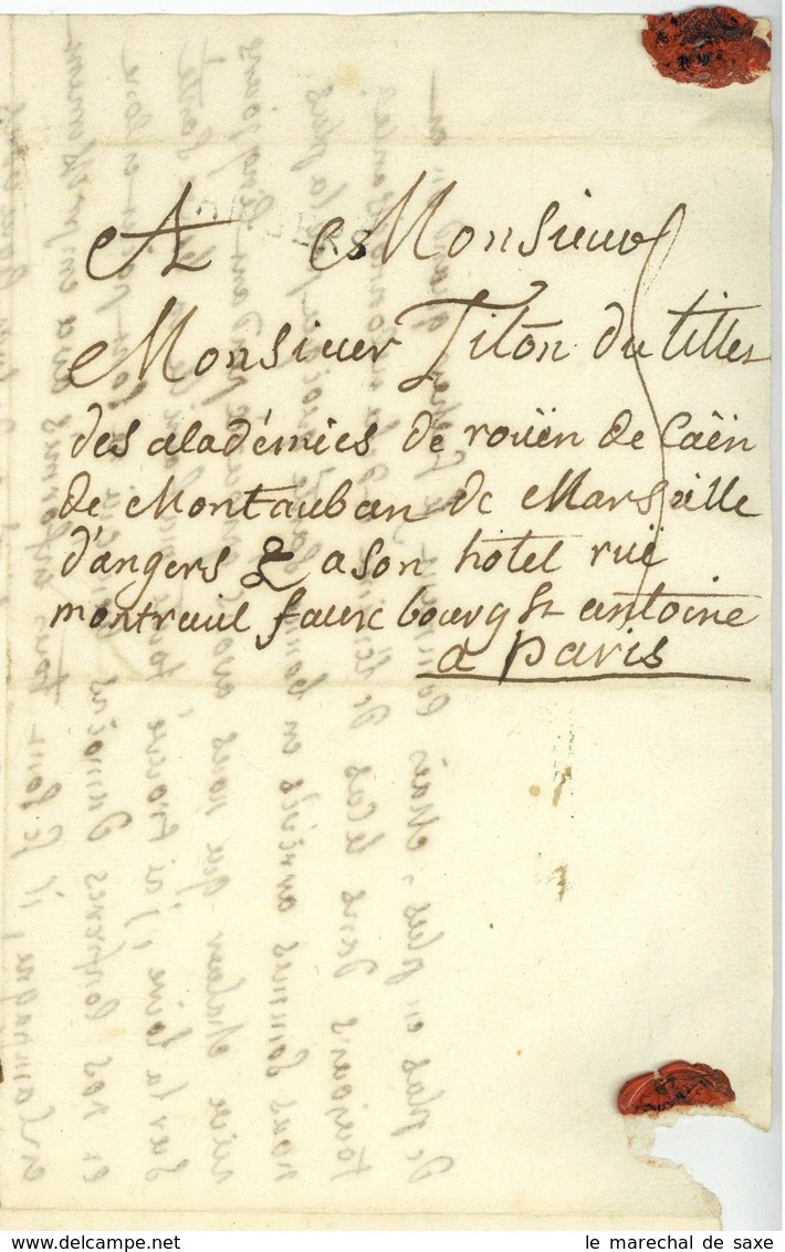 Pierre-Jean LE CORVAISIER (1719-1758) Polygraphe Academie D'Angers à Titon Du Tillet - ANGERS Vers 1750 - Documentos Históricos