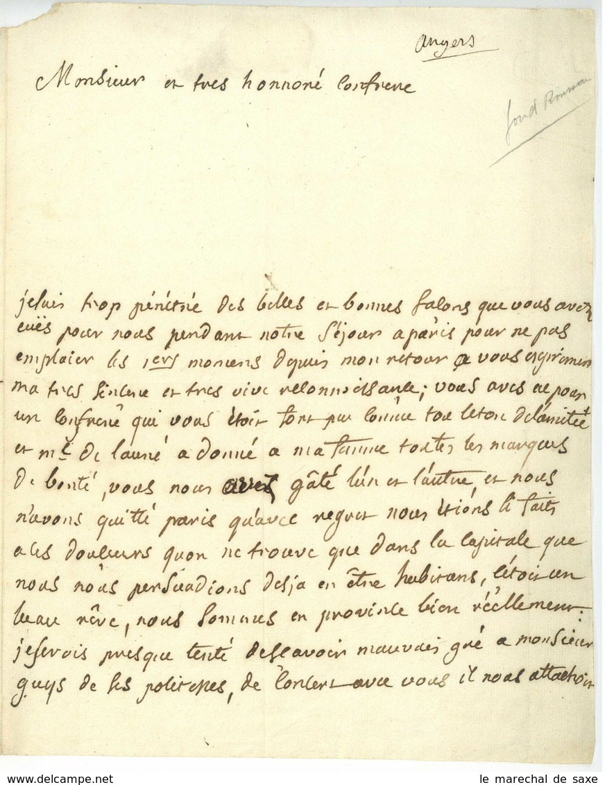 Pierre-Jean LE CORVAISIER (1719-1758) Polygraphe Academie D'Angers à Titon Du Tillet - ANGERS Vers 1750 - Documentos Históricos