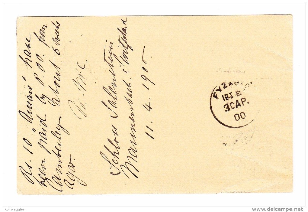 Schweiz Wertziffer 11.4.1900 Amb. Mannenbach Langstempel 5Rp WZ Auf 5Rp Postkarte Nach Fyzabad Indien - Lettres & Documents