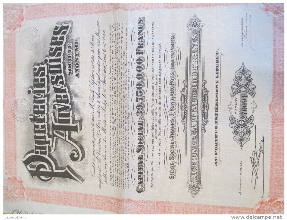 Papeteries Anversoises/Action De Capital/ 100 Francs Au Porteur/ANVERS/Belgique// 1928    ACT107 - Industrie
