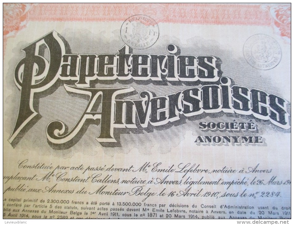 Papeteries Anversoises/Action De Capital/ 100 Francs Au Porteur/ANVERS/Belgique// 1928    ACT107 - Industrie