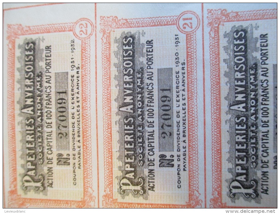 Papeteries Anversoises/Action De Capital/ 100 Francs Au Porteur/ANVERS/Belgique// 1928    ACT107 - Industrie