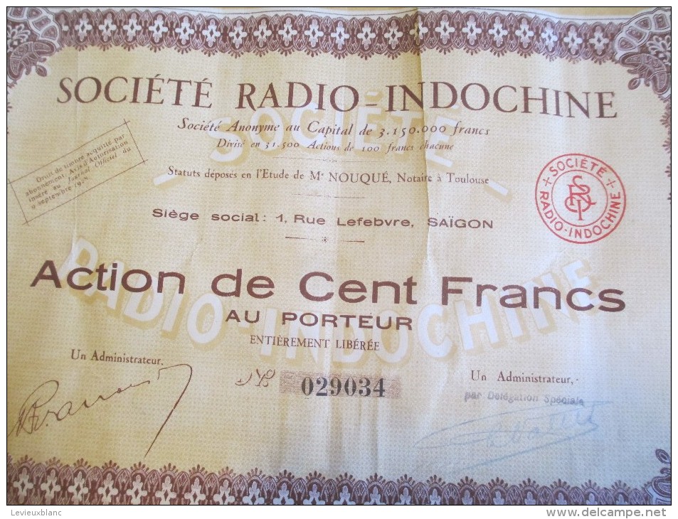 Société RADIO-INDOCHINE/Action De 100 Francs Au Porteur/ 1928    ACT108 - Asie