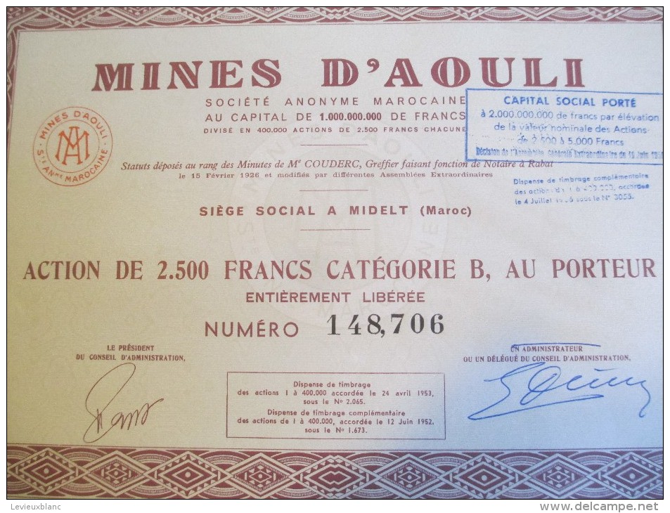 Mines D'AOULI/Maroc/ Action De 2 500 Francs Au Porteur / 1956    ACT110 - Mines