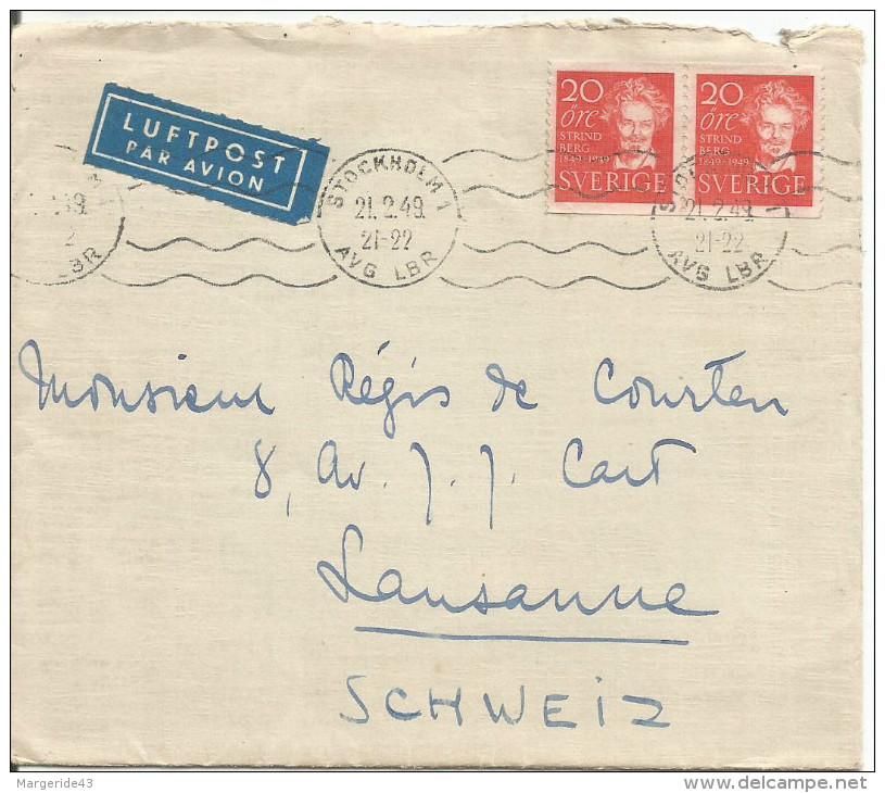 SUEDE LETTRE AVION POUR LA SUISSE DU 21/2/1949 - 1930- ... Rouleaux II