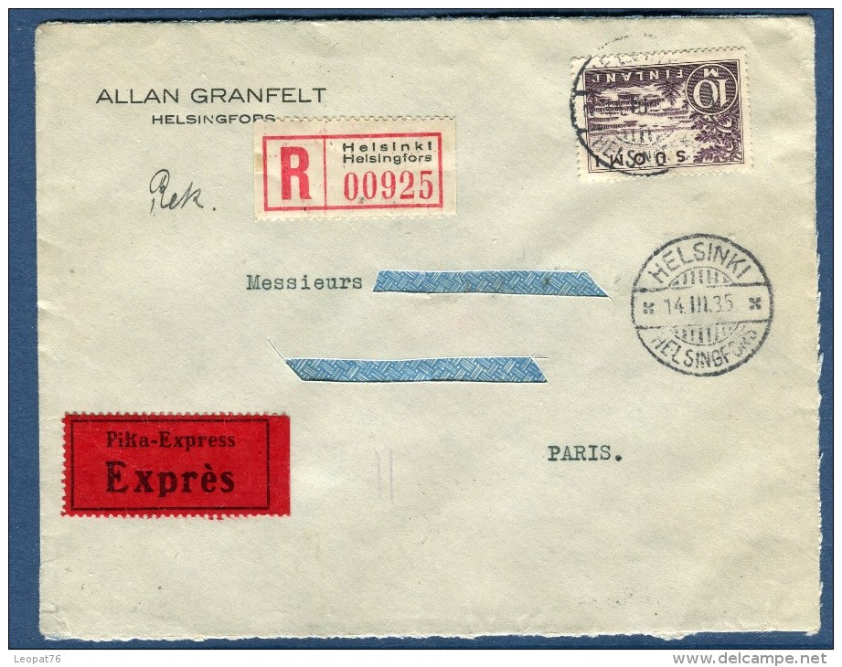 Finlande - Enveloppe En Recommandée Exprès ( étiquettes) De Helsinski Pour Paris En 1935   Voir 2 Scans   Réf. 971 - Covers & Documents