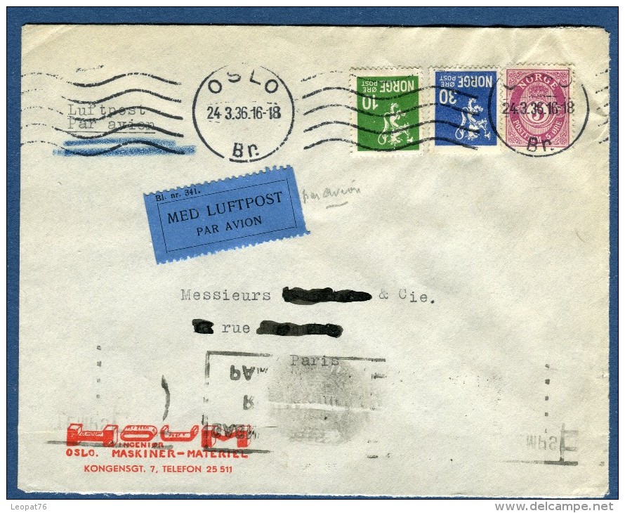 Norvège - Enveloppe De Oslo Par Avion ( étiquette) Pour La France En 1936  Voir 2 Scans   Réf. 975 - Lettres & Documents