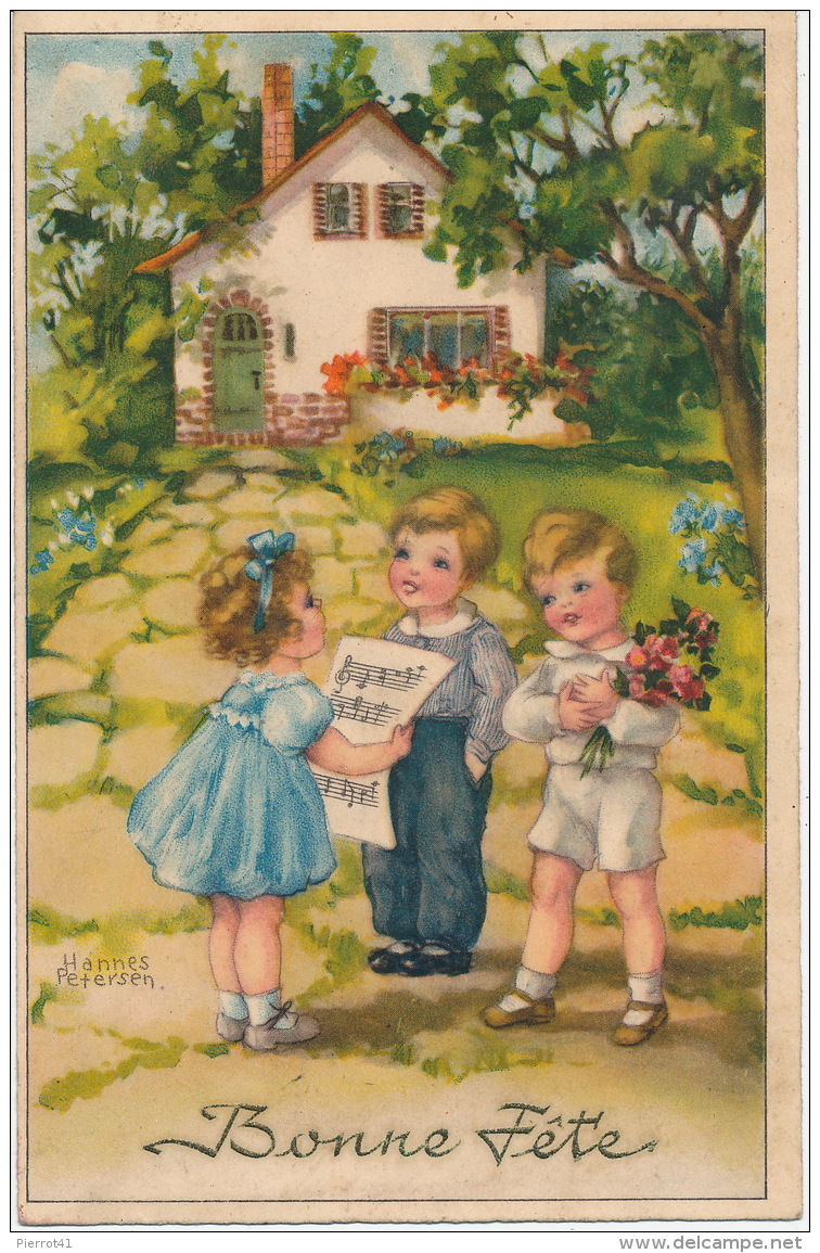 ENFANTS - Jolie Carte Fantaisie Enfants Et Fleurs "Bonne Fête" Signée HANNES PETERSEN - Petersen, Hannes